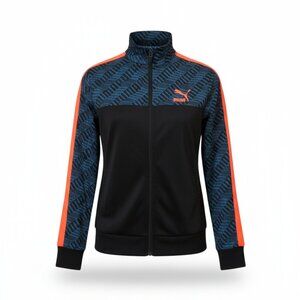 PUMA Kids Track Jacket Size Large 14-16 Black Teal Orange Logo Pattern Full Zip
